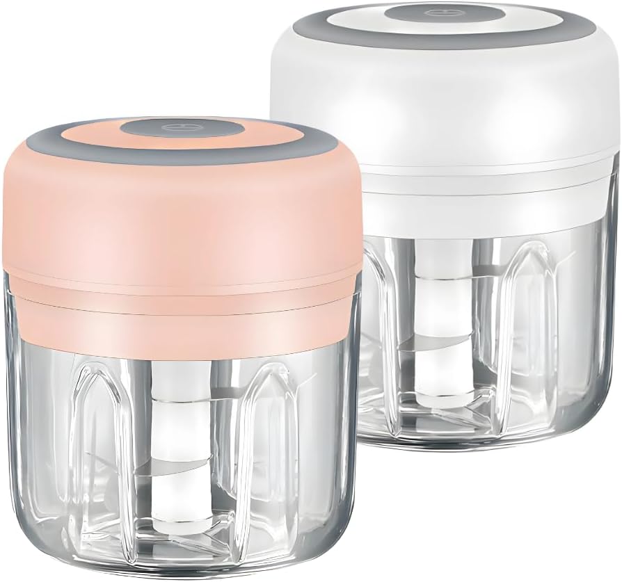 PINK & WHITE - Mini Electric Food Processor and Garlic Chopper - 250ML, USB Charging, 3 Blades - Perfect for Chopping Vegetable, Pepper, Onion, Garlic, Ginger, Spice, Meat, Baby Food, & More (Bundle)
