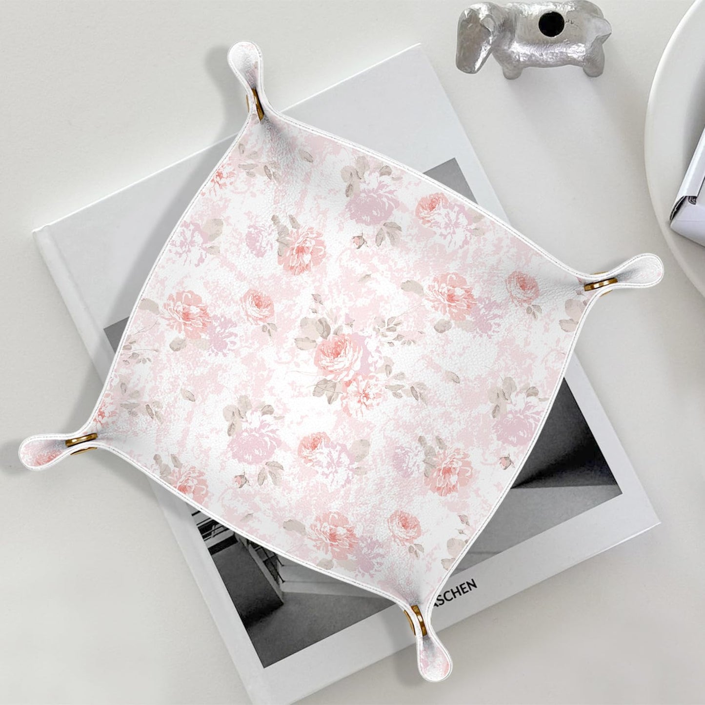 Mothers Day Gift for Expecting Mom,Pink Floral Jewelry Valet Tray for Women, Rose Flower PU Leather Catchall Beside Caddy Nightstand Organizer Tray for Jewelry Rings Watches Keys