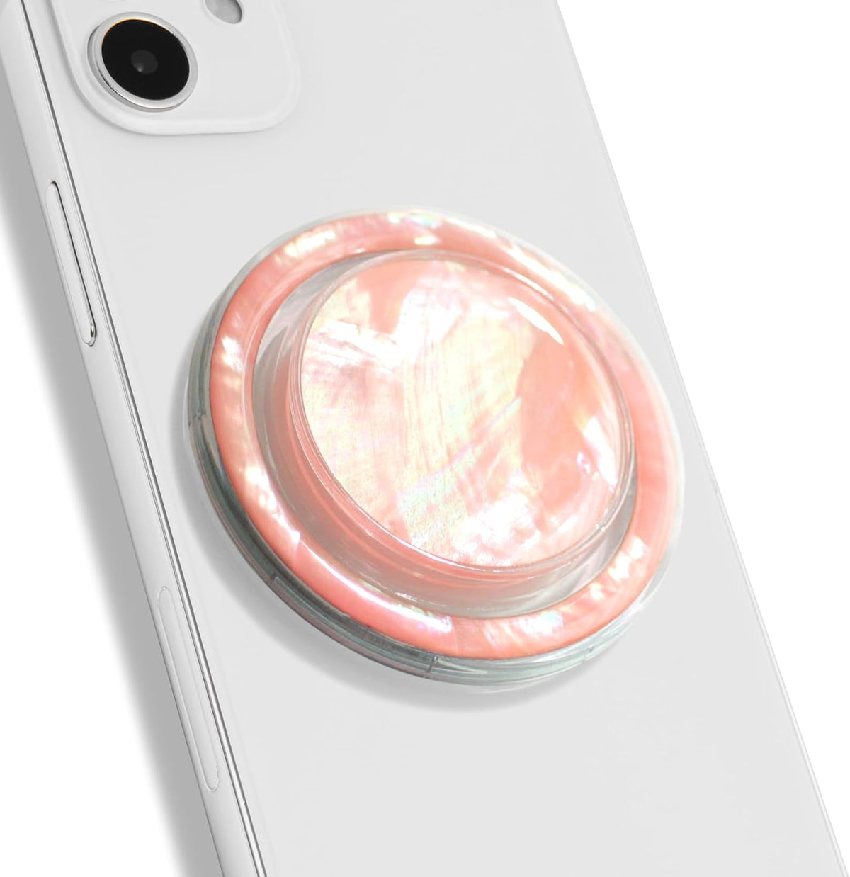 On The Grip Magnetic Phone Grip for MagSafe, Genuine Natural Crystal & Seashell Stone, Swappable Top, Strong Magnet Holder & Kickstand for iPhone 15 14 13 12 Pro Max Plus & MagSafe Cases (Peach)