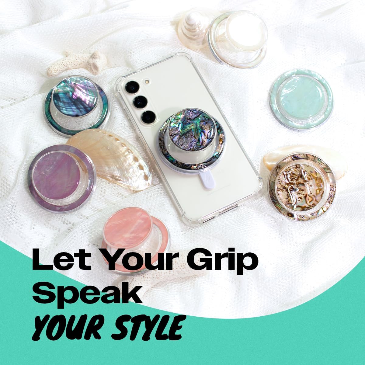On The Grip Magnetic Phone Grip for MagSafe, Genuine Natural Crystal & Seashell Stone, Swappable Top, Strong Magnet Holder & Kickstand for iPhone 15 14 13 12 Pro Max Plus & MagSafe Cases (Peach)