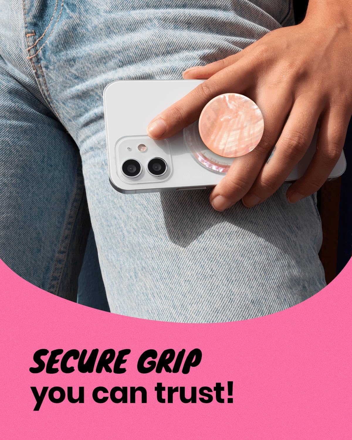 On The Grip Magnetic Phone Grip for MagSafe, Genuine Natural Crystal & Seashell Stone, Swappable Top, Strong Magnet Holder & Kickstand for iPhone 15 14 13 12 Pro Max Plus & MagSafe Cases (Peach)
