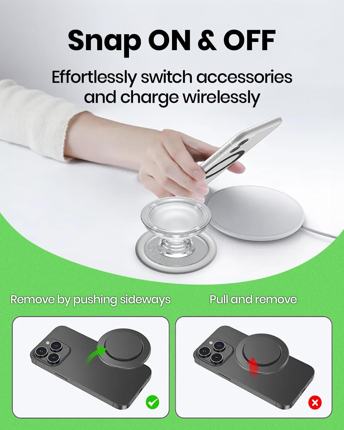 On The Grip Magnetic Phone Grip for MagSafe, Genuine Natural Crystal & Seashell Stone, Swappable Top, Strong Magnet Holder & Kickstand for iPhone 15 14 13 12 Pro Max Plus & MagSafe Cases (Peach)
