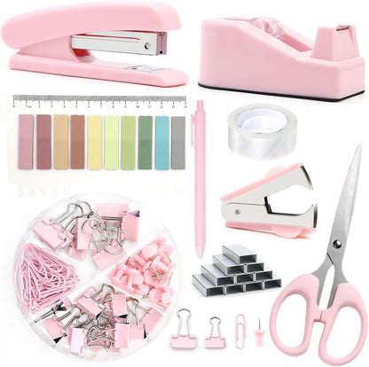 Office Supplies,Pink Desk Accessories,Office Supplies Set,Stapler and Tape Dispenser Set,Scissors,Staple Remover,Binder Clips,Staples,Ballpoint Pen,Index Tabs with Ruler,Clear Tape.9pcs for Office