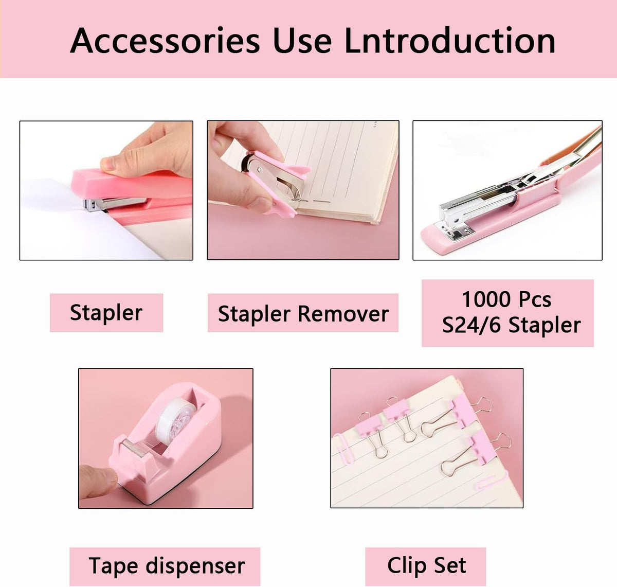 Office Supplies,Pink Desk Accessories,Office Supplies Set,Stapler and Tape Dispenser Set,Scissors,Staple Remover,Binder Clips,Staples,Ballpoint Pen,Index Tabs with Ruler,Clear Tape.9pcs for Office