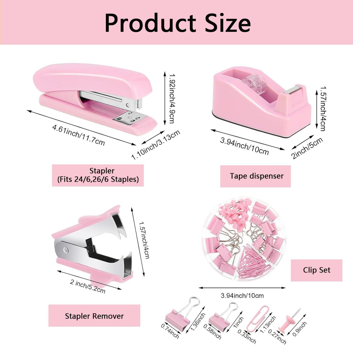 Office Supplies,Pink Desk Accessories,Office Supplies Set,Stapler and Tape Dispenser Set,Scissors,Staple Remover,Binder Clips,Staples,Ballpoint Pen,Index Tabs with Ruler,Clear Tape.9pcs for Office