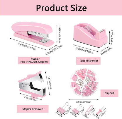 Office Supplies,Pink Desk Accessories,Office Supplies Set,Stapler and Tape Dispenser Set,Scissors,Staple Remover,Binder Clips,Staples,Ballpoint Pen,Index Tabs with Ruler,Clear Tape.9pcs for Office