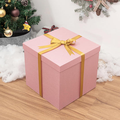 Large Gift Box with Lid for Presents 12x12x12 Inches Extra Big Deep Square Pink Boxes 1 Pack for Christmas, Birthday, Valentine's Day, Mother's Day - Contains Crinkle Paper, Ribbon and Card