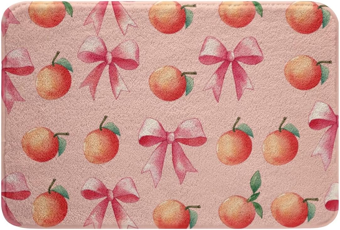 Pink Bow Kids Bathroom Rugs,Boys Girls 20"x32",Large Peach Bath Mats,Cute Coquette Bow Knot Soft Bathroom Accessories,Sweet Peach Floor Doormats Fruit Gift Non-Slip,Pink Orange