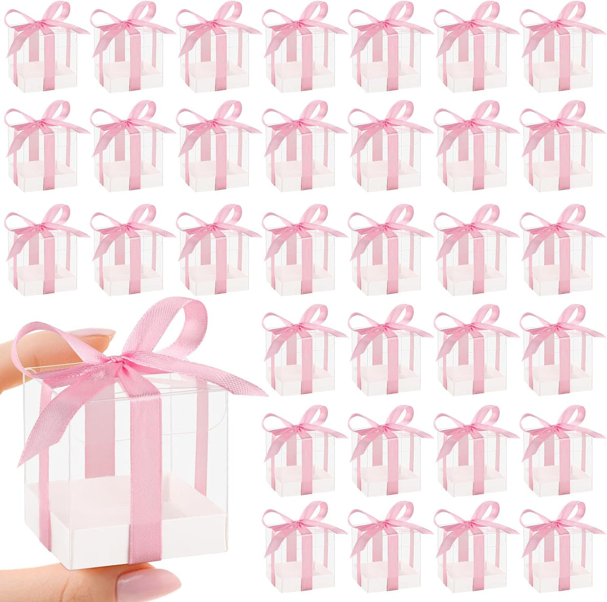 50 Pack Favor Boxes 2x2x2 Inches Clear Candy Treat Boxes with Pink Ribbons, Mini Plastic Gift for Wedding, Birthday Party, Baby Shower, Classroom Decoration Supplies