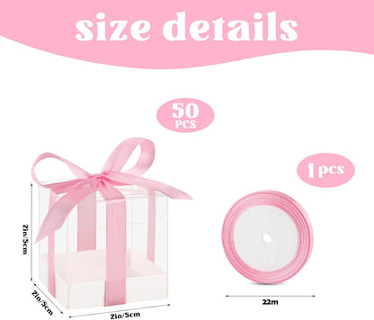 50 Pack Favor Boxes 2x2x2 Inches Clear Candy Treat Boxes with Pink Ribbons, Mini Plastic Gift for Wedding, Birthday Party, Baby Shower, Classroom Decoration Supplies
