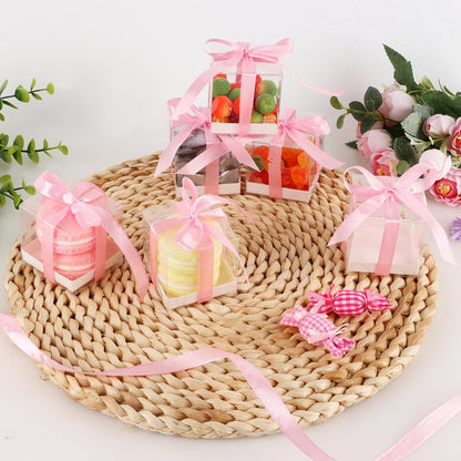 50 Pack Favor Boxes 2x2x2 Inches Clear Candy Treat Boxes with Pink Ribbons, Mini Plastic Gift for Wedding, Birthday Party, Baby Shower, Classroom Decoration Supplies