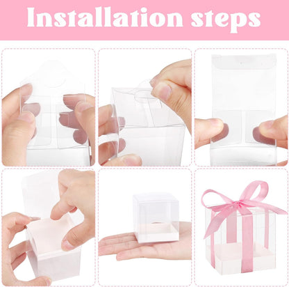 50 Pack Favor Boxes 2x2x2 Inches Clear Candy Treat Boxes with Pink Ribbons, Mini Plastic Gift for Wedding, Birthday Party, Baby Shower, Classroom Decoration Supplies