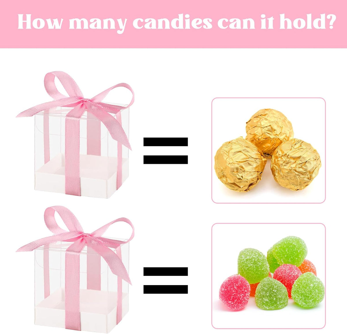 50 Pack Favor Boxes 2x2x2 Inches Clear Candy Treat Boxes with Pink Ribbons, Mini Plastic Gift for Wedding, Birthday Party, Baby Shower, Classroom Decoration Supplies