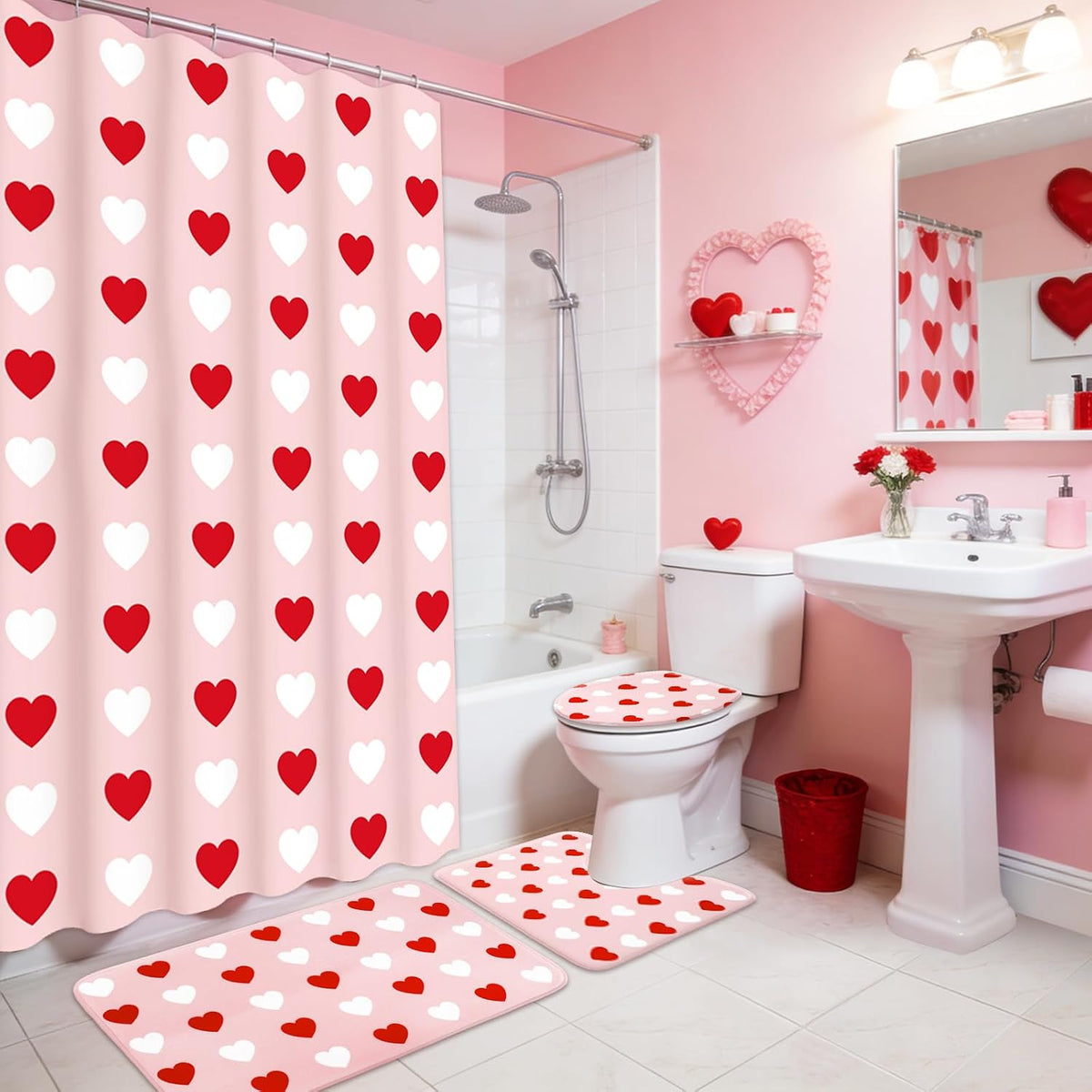4Pcs Valentine's Day Bathroom Set Pink Red White Heart Non-Slip Bath Mat U-Shaped Toilet Rug Toilet Lid Cover Shower Curtain with Hooks for Home Hotel Accessories Decoration