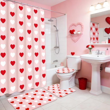 4Pcs Valentine's Day Bathroom Set Pink Red White Heart Non-Slip Bath Mat U-Shaped Toilet Rug Toilet Lid Cover Shower Curtain with Hooks for Home Hotel Accessories Decoration