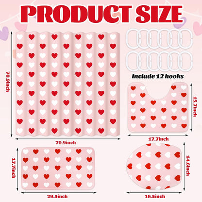 4Pcs Valentine's Day Bathroom Set Pink Red White Heart Non-Slip Bath Mat U-Shaped Toilet Rug Toilet Lid Cover Shower Curtain with Hooks for Home Hotel Accessories Decoration