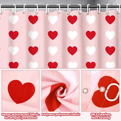 4Pcs Valentine's Day Bathroom Set Pink Red White Heart Non-Slip Bath Mat U-Shaped Toilet Rug Toilet Lid Cover Shower Curtain with Hooks for Home Hotel Accessories Decoration