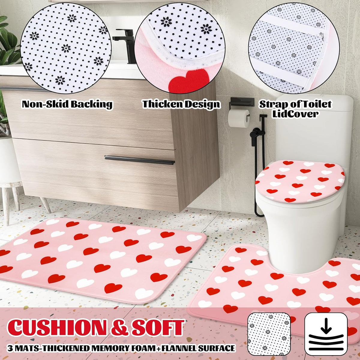 4Pcs Valentine's Day Bathroom Set Pink Red White Heart Non-Slip Bath Mat U-Shaped Toilet Rug Toilet Lid Cover Shower Curtain with Hooks for Home Hotel Accessories Decoration
