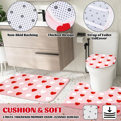 4Pcs Valentine's Day Bathroom Set Pink Red White Heart Non-Slip Bath Mat U-Shaped Toilet Rug Toilet Lid Cover Shower Curtain with Hooks for Home Hotel Accessories Decoration