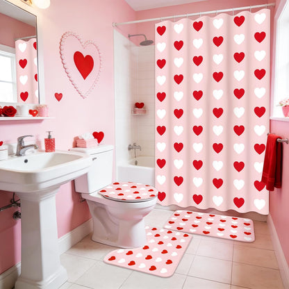 4Pcs Valentine's Day Bathroom Set Pink Red White Heart Non-Slip Bath Mat U-Shaped Toilet Rug Toilet Lid Cover Shower Curtain with Hooks for Home Hotel Accessories Decoration