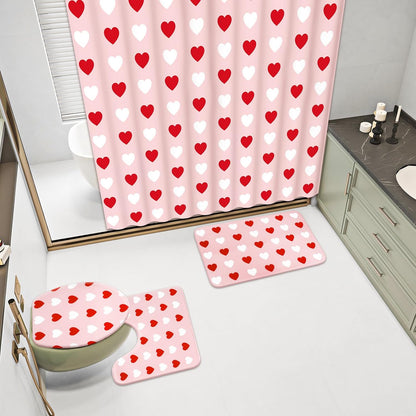 4Pcs Valentine's Day Bathroom Set Pink Red White Heart Non-Slip Bath Mat U-Shaped Toilet Rug Toilet Lid Cover Shower Curtain with Hooks for Home Hotel Accessories Decoration