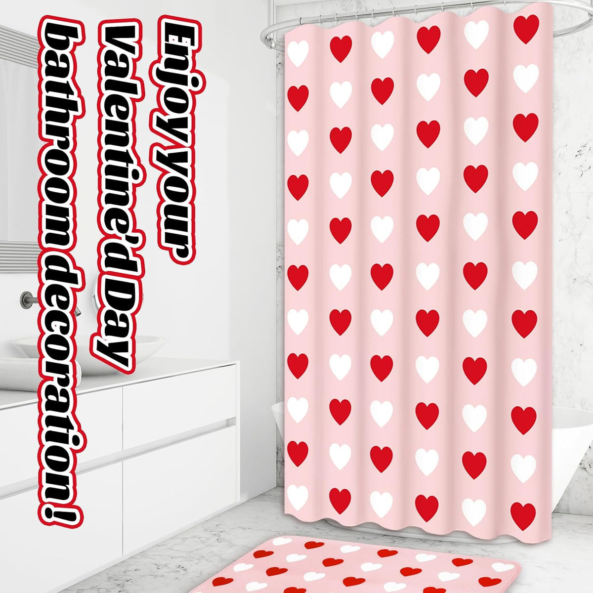 4Pcs Valentine's Day Bathroom Set Pink Red White Heart Non-Slip Bath Mat U-Shaped Toilet Rug Toilet Lid Cover Shower Curtain with Hooks for Home Hotel Accessories Decoration