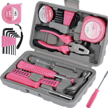 13/24Pcs Household Repair Tool Kit Multi-Purpose Pink Home Hand Tool Set with Case Hammer and Allen Key Set with Electrical Tape Screwdriver Test Pen Plier Bits US(24 Pieces,Pink)