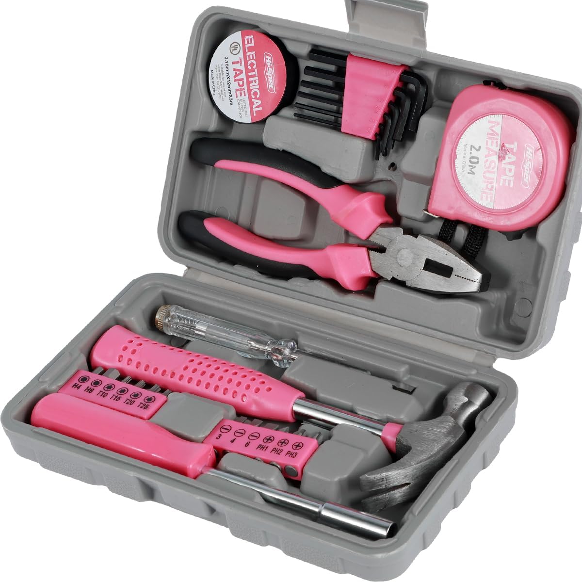 13/24Pcs Household Repair Tool Kit Multi-Purpose Pink Home Hand Tool Set with Case Hammer and Allen Key Set with Electrical Tape Screwdriver Test Pen Plier Bits US(24 Pieces,Pink)