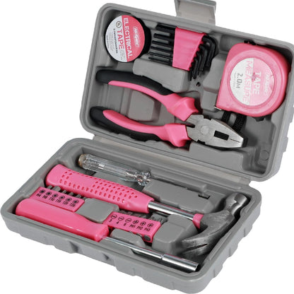 13/24Pcs Household Repair Tool Kit Multi-Purpose Pink Home Hand Tool Set with Case Hammer and Allen Key Set with Electrical Tape Screwdriver Test Pen Plier Bits US(24 Pieces,Pink)