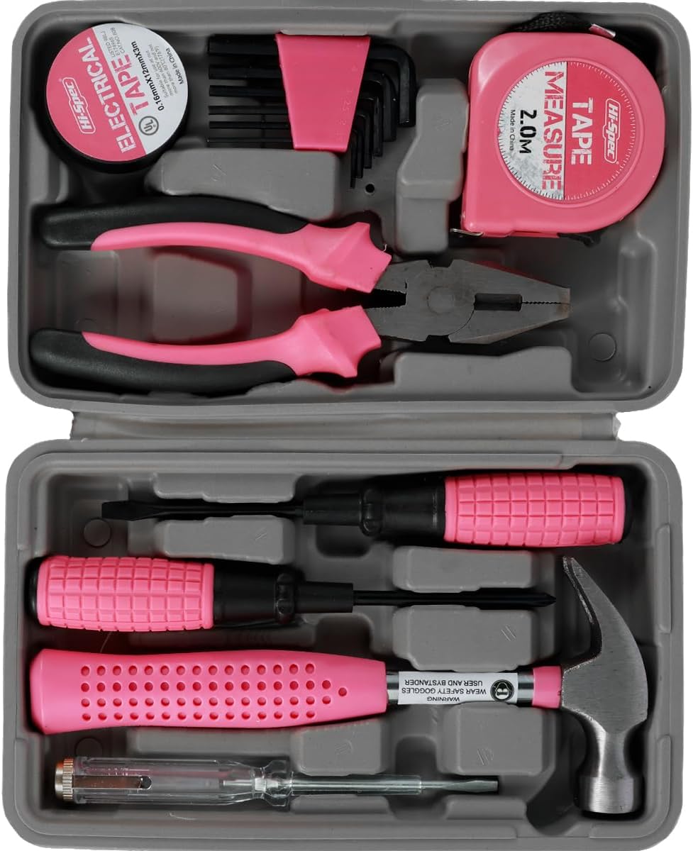 13/24Pcs Household Repair Tool Kit Multi-Purpose Pink Home Hand Tool Set with Case Hammer and Allen Key Set with Electrical Tape Screwdriver Test Pen Plier Bits US(24 Pieces,Pink)