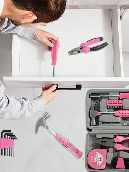 13/24Pcs Household Repair Tool Kit Multi-Purpose Pink Home Hand Tool Set with Case Hammer and Allen Key Set with Electrical Tape Screwdriver Test Pen Plier Bits US(24 Pieces,Pink)
