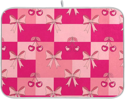 Bow Plaid Light Pink Dish Drying Mat for Kitchen Counter with Absorbent Quick Dry Slip Resistant Dish Drying Pad for Coffee Bar Sink Draining Racks, 16 x 18 Inches