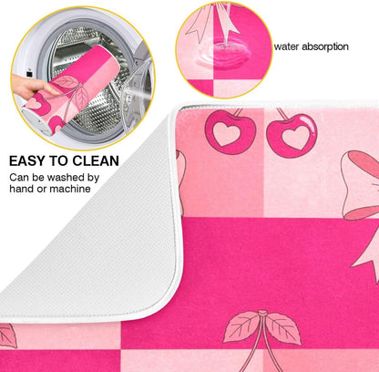 Bow Plaid Light Pink Dish Drying Mat for Kitchen Counter with Absorbent Quick Dry Slip Resistant Dish Drying Pad for Coffee Bar Sink Draining Racks, 16 x 18 Inches