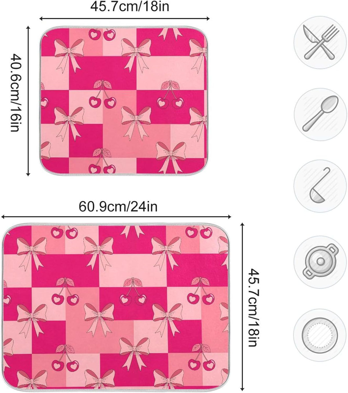 Bow Plaid Light Pink Dish Drying Mat for Kitchen Counter with Absorbent Quick Dry Slip Resistant Dish Drying Pad for Coffee Bar Sink Draining Racks, 16 x 18 Inches