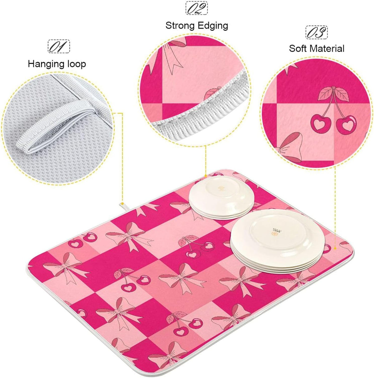 Bow Plaid Light Pink Dish Drying Mat for Kitchen Counter with Absorbent Quick Dry Slip Resistant Dish Drying Pad for Coffee Bar Sink Draining Racks, 16 x 18 Inches