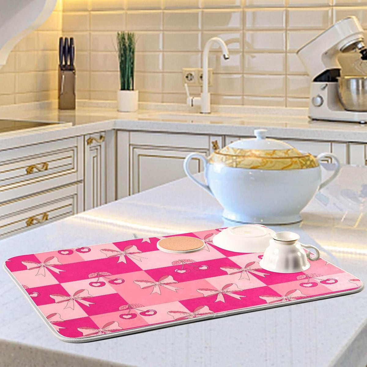 Bow Plaid Light Pink Dish Drying Mat for Kitchen Counter with Absorbent Quick Dry Slip Resistant Dish Drying Pad for Coffee Bar Sink Draining Racks, 16 x 18 Inches