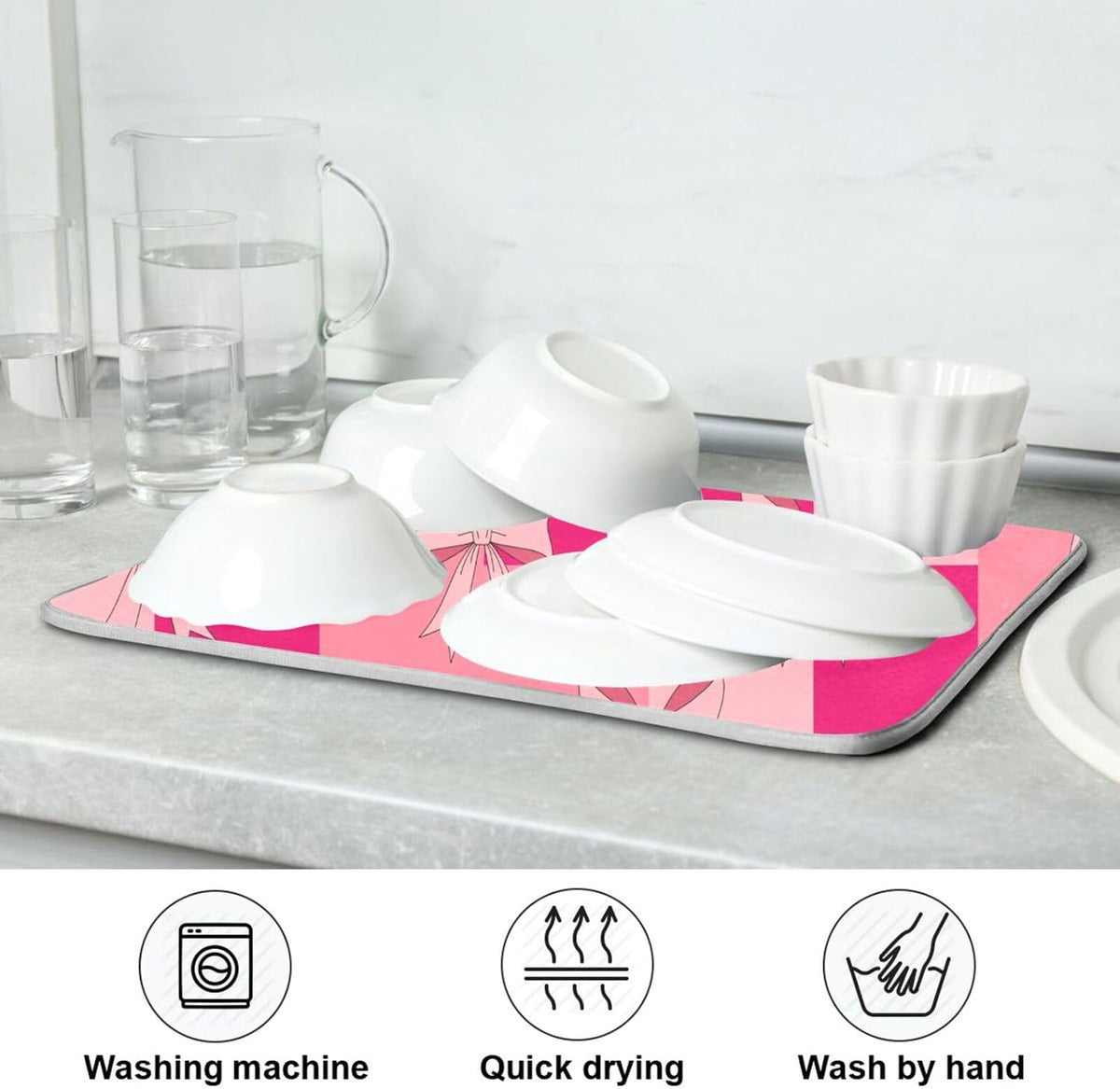 Bow Plaid Light Pink Dish Drying Mat for Kitchen Counter with Absorbent Quick Dry Slip Resistant Dish Drying Pad for Coffee Bar Sink Draining Racks, 16 x 18 Inches