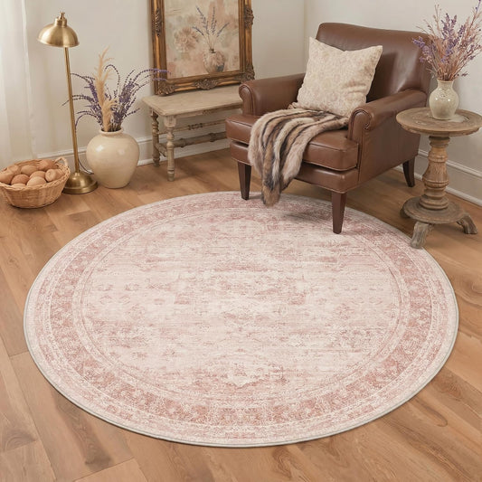 5FT Round Area Rugs for Living Room, Vintage Non Slip Washable Rugs