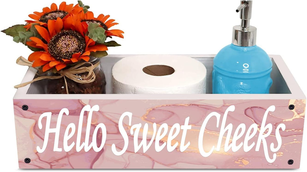 Rustic Bathroom Decor Box,Toilet Tank Tray Storage Basket, Hello Sweet Cheeks Bathroom Wooden Toilet Paper Basket with Handle (Pink Gold Marble)