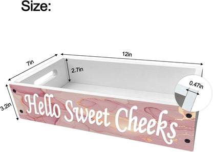 Rustic Bathroom Decor Box,Toilet Tank Tray Storage Basket, Hello Sweet Cheeks Bathroom Wooden Toilet Paper Basket with Handle (Pink Gold Marble)