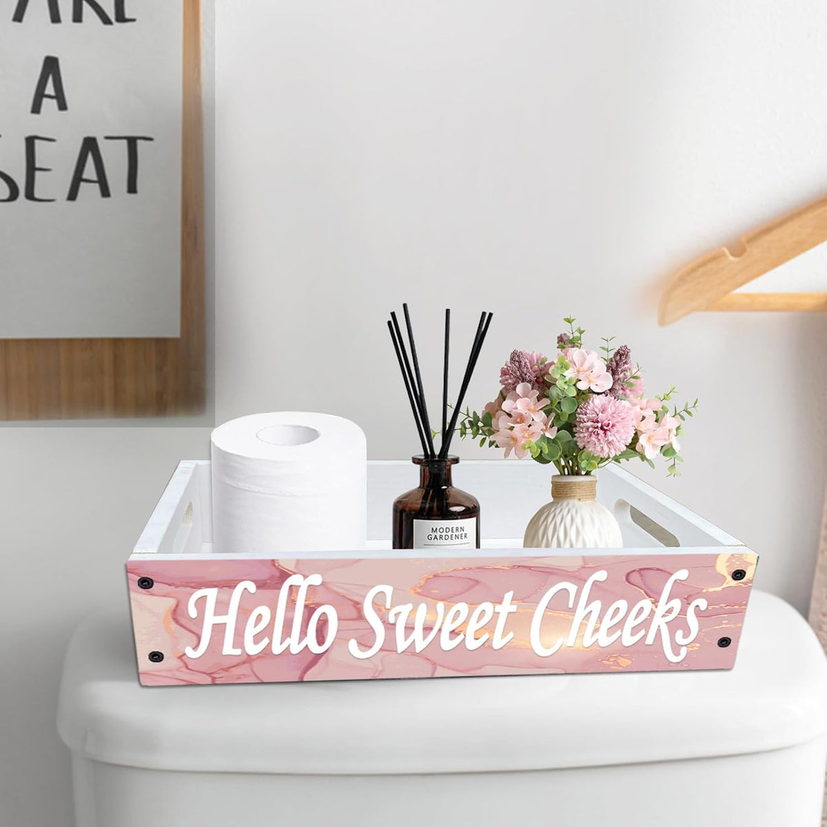 Rustic Bathroom Decor Box,Toilet Tank Tray Storage Basket, Hello Sweet Cheeks Bathroom Wooden Toilet Paper Basket with Handle (Pink Gold Marble)