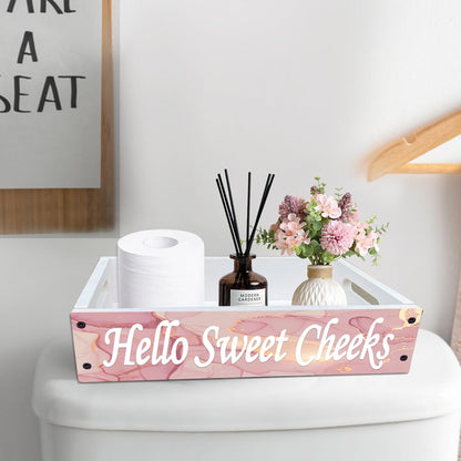 Rustic Bathroom Decor Box,Toilet Tank Tray Storage Basket, Hello Sweet Cheeks Bathroom Wooden Toilet Paper Basket with Handle (Pink Gold Marble)