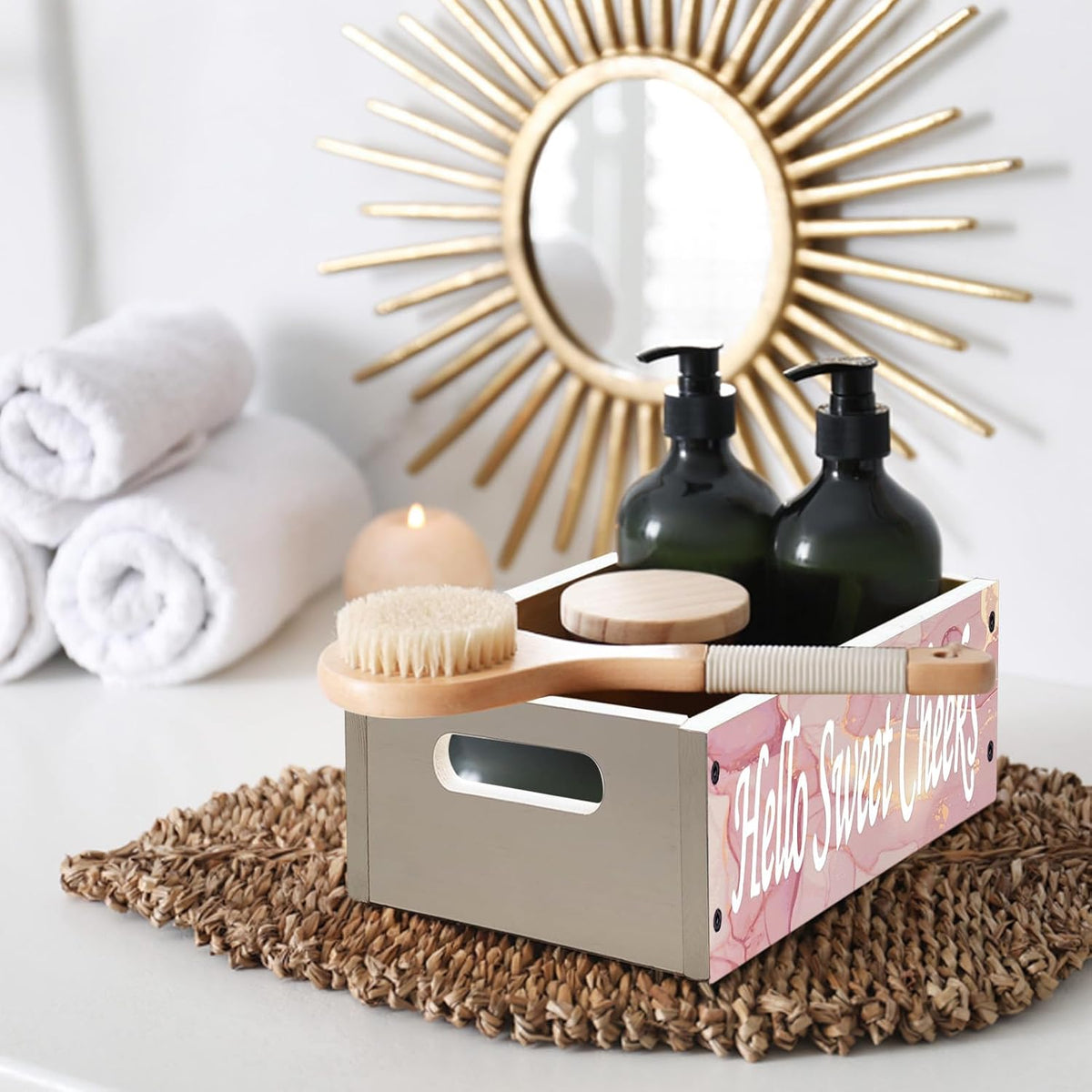 Rustic Bathroom Decor Box,Toilet Tank Tray Storage Basket, Hello Sweet Cheeks Bathroom Wooden Toilet Paper Basket with Handle (Pink Gold Marble)