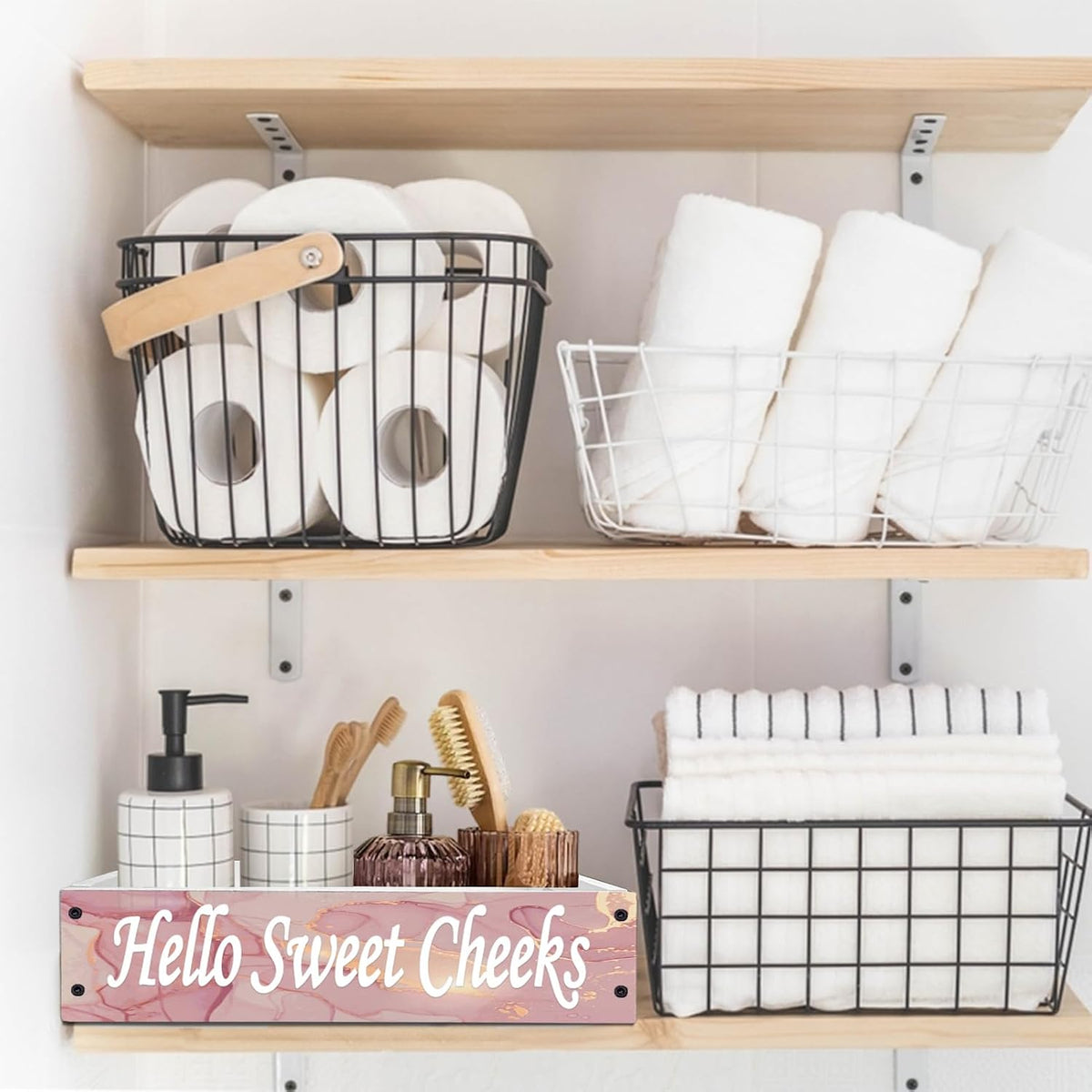 Rustic Bathroom Decor Box,Toilet Tank Tray Storage Basket, Hello Sweet Cheeks Bathroom Wooden Toilet Paper Basket with Handle (Pink Gold Marble)