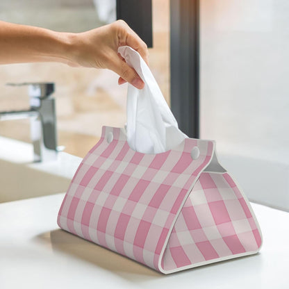 Pink Checker Striped Pattern Tissue Box Cover Rectangle Pu Leather Tissue Box Holder for Car Bathroom Bedroom Desk Tabletop Decor