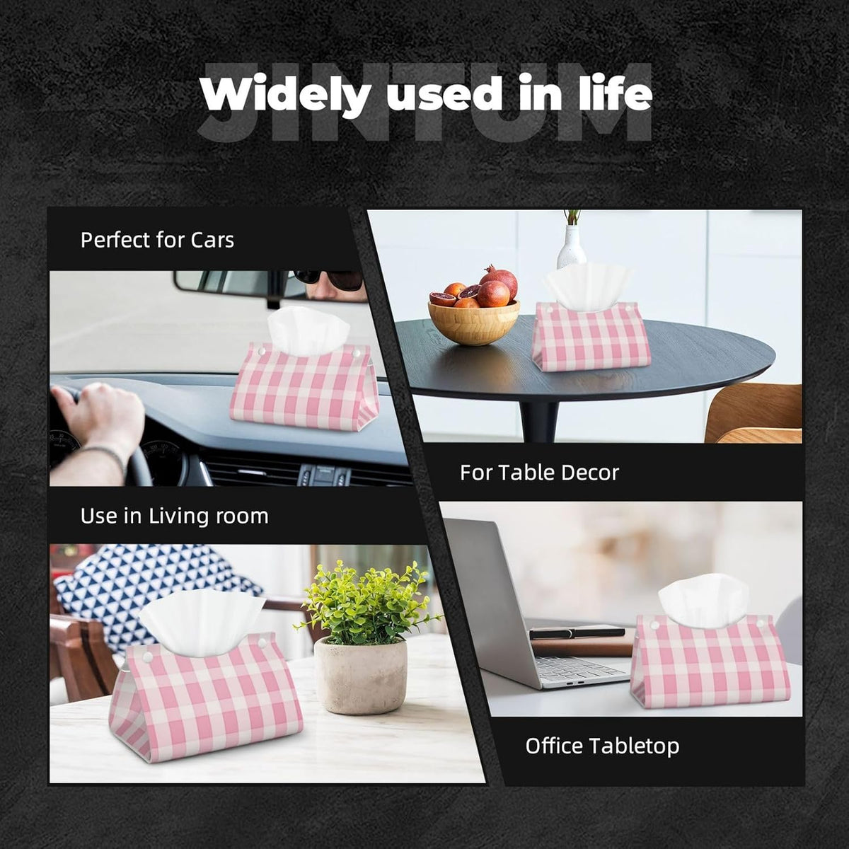 Pink Checker Striped Pattern Tissue Box Cover Rectangle Pu Leather Tissue Box Holder for Car Bathroom Bedroom Desk Tabletop Decor