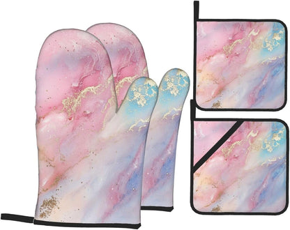 Oven Mitts and Pot Holders Set Abstract Pastel Light Pink Marble Heat Resistant Kitchen Gloves 2 Oven Mitts and 2 Pot Holders for Cooking Baking BBQ