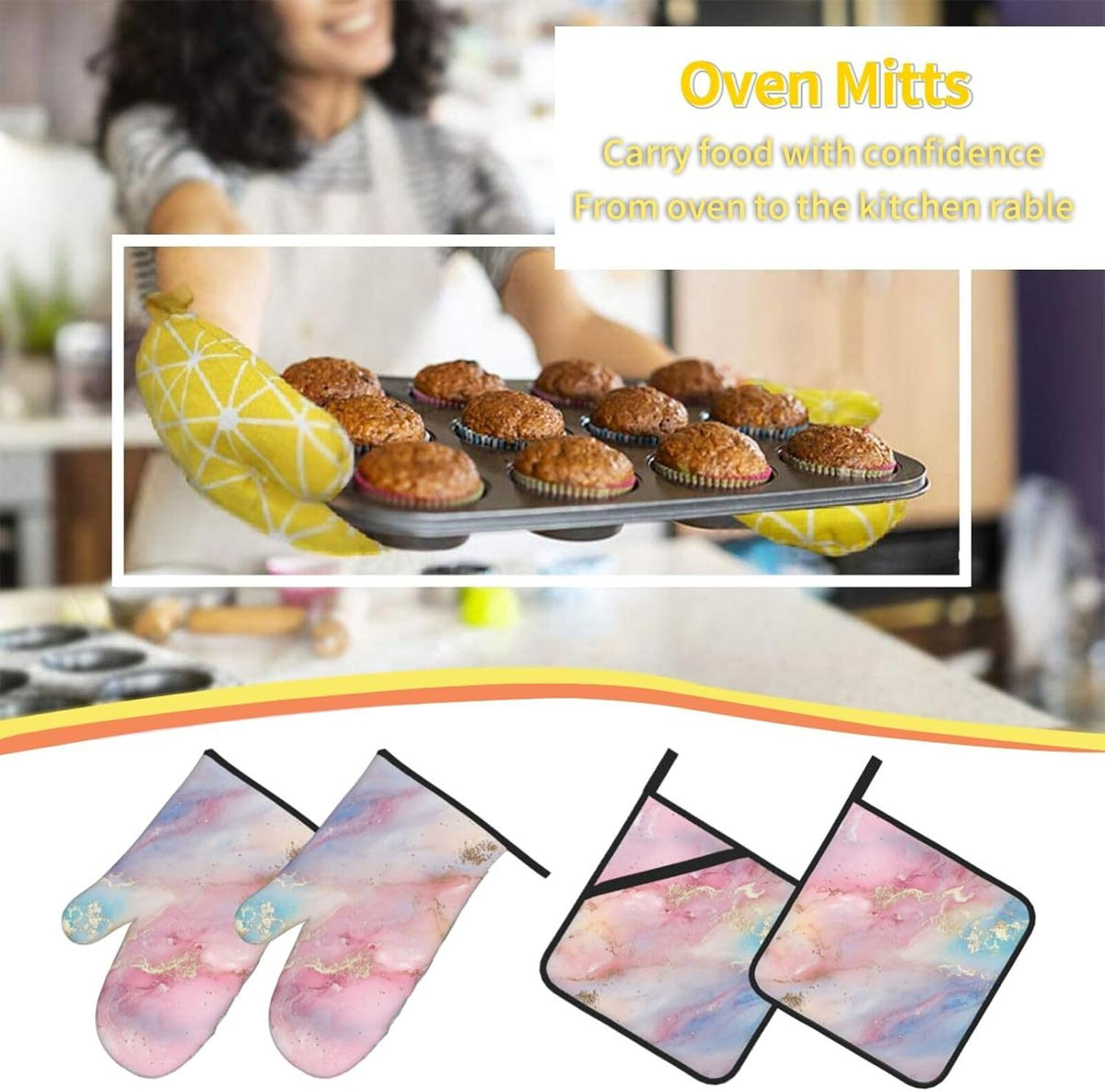 Oven Mitts and Pot Holders Set Abstract Pastel Light Pink Marble Heat Resistant Kitchen Gloves 2 Oven Mitts and 2 Pot Holders for Cooking Baking BBQ