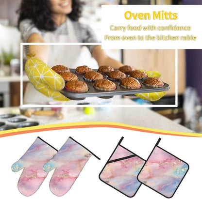 Oven Mitts and Pot Holders Set Abstract Pastel Light Pink Marble Heat Resistant Kitchen Gloves 2 Oven Mitts and 2 Pot Holders for Cooking Baking BBQ
