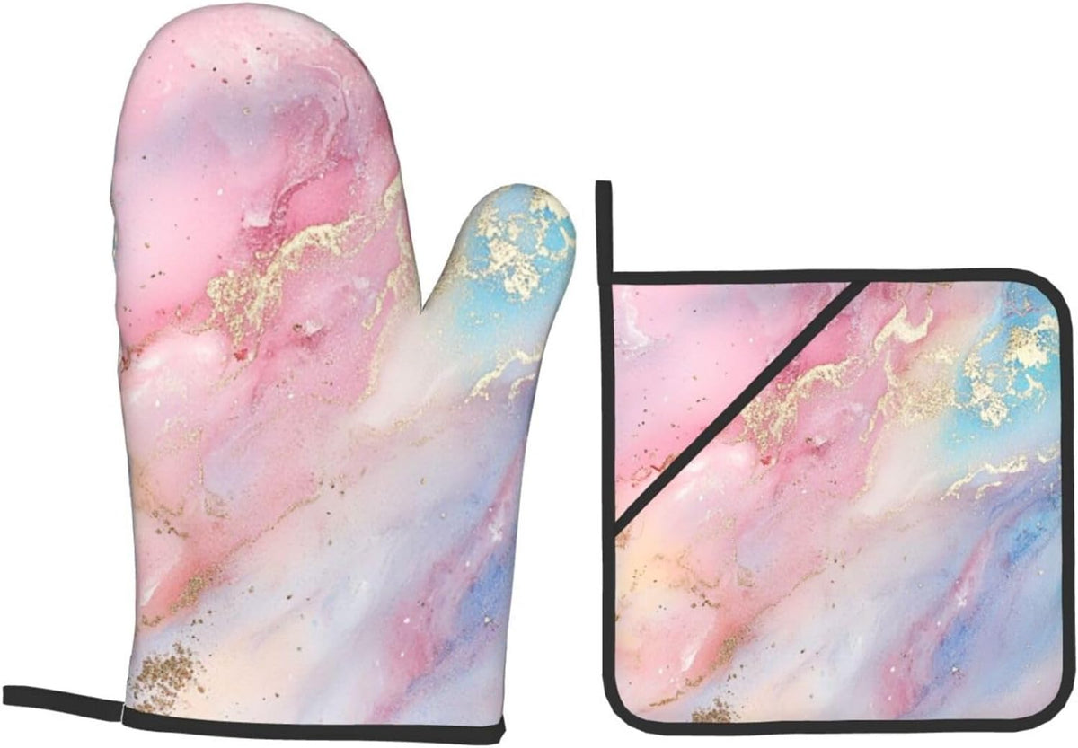 Oven Mitts and Pot Holders Set Abstract Pastel Light Pink Marble Heat Resistant Kitchen Gloves 2 Oven Mitts and 2 Pot Holders for Cooking Baking BBQ